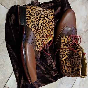 Leopard and Brown Leather Ankle Boots with Red Laces